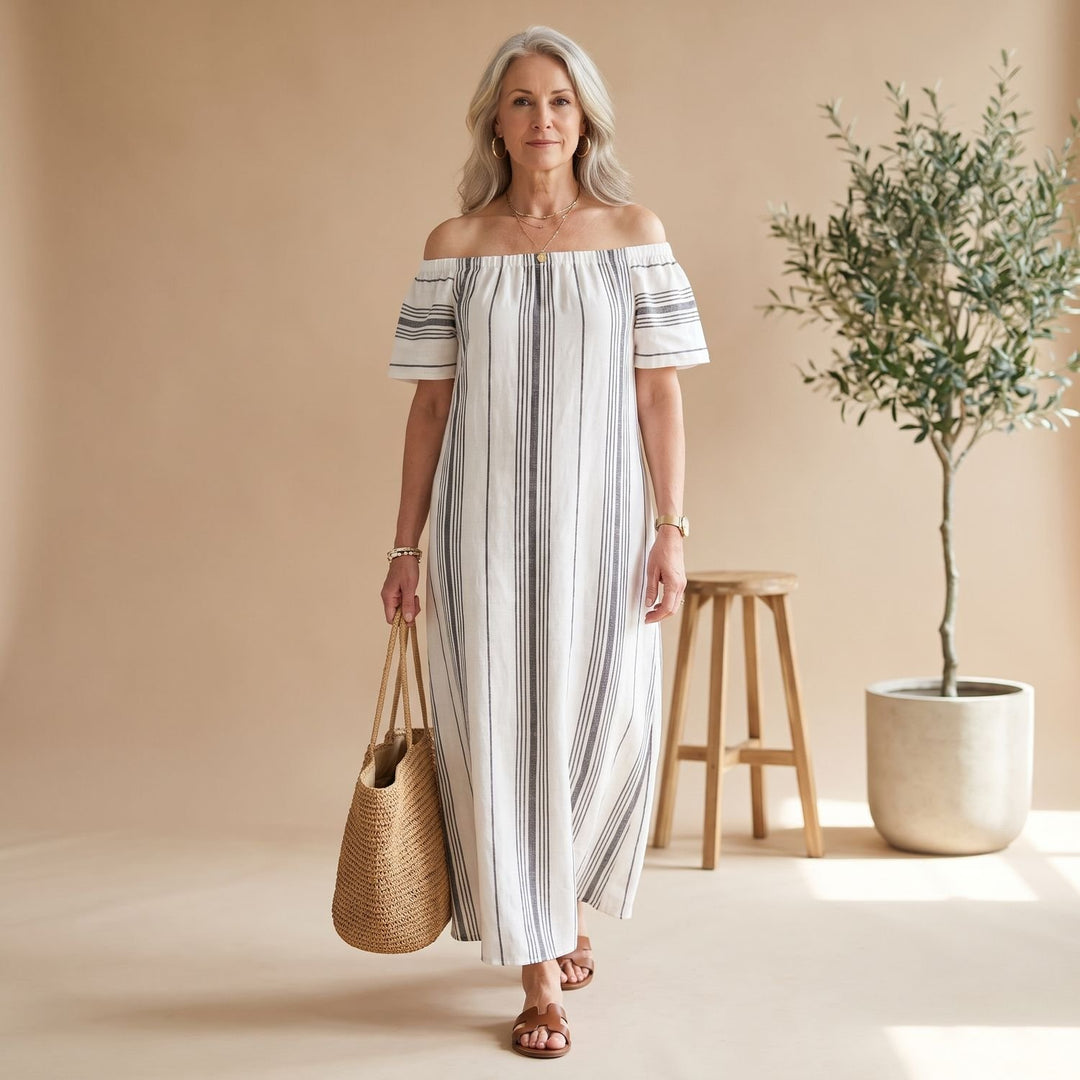 Women's Off-the-Shoulder Striped Batwing-Sleeve Maxi Dress