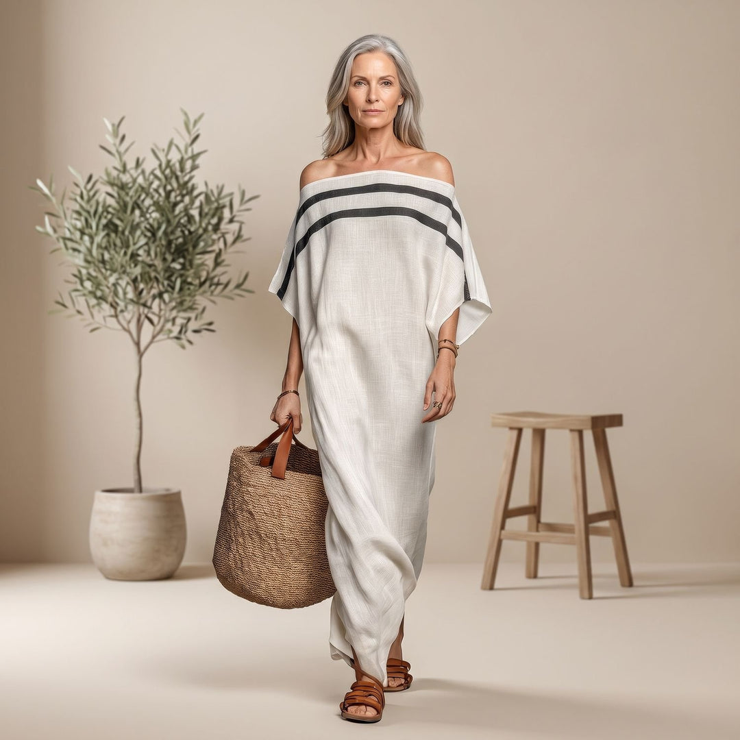 Women's Off-the-Shoulder Striped Batwing-Sleeve Maxi Dress