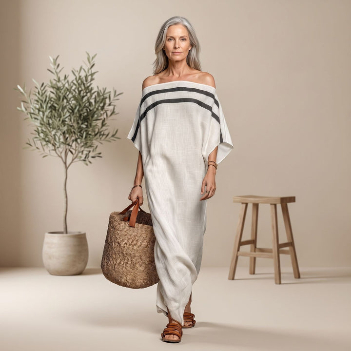 Women's Off-the-Shoulder Striped Batwing-Sleeve Maxi Dress