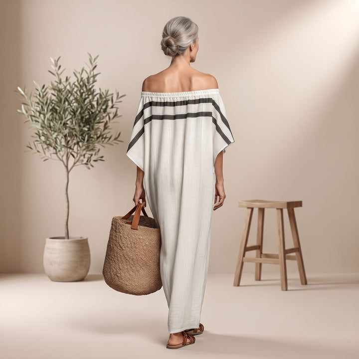 Women's Off-the-Shoulder Striped Batwing-Sleeve Maxi Dress