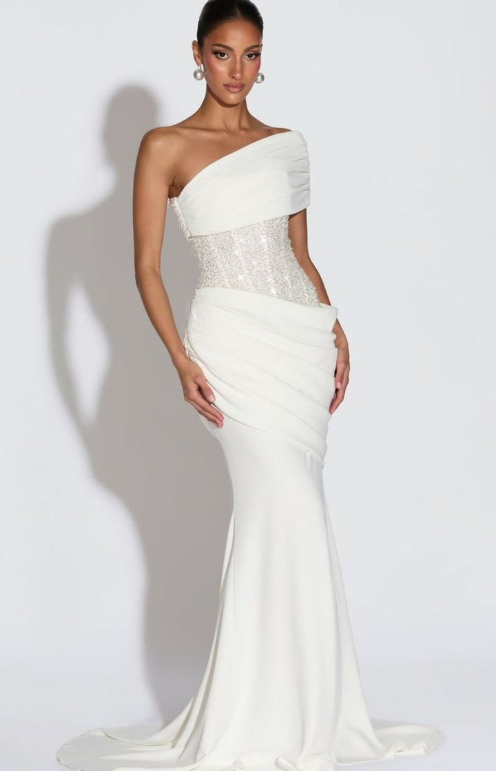 Women's One-Shoulder Embellished Corset Draped Maxi Gown