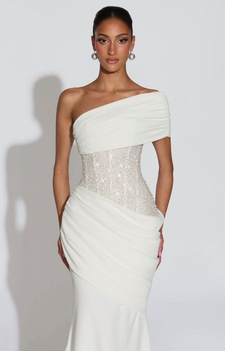Women's One-Shoulder Embellished Corset Draped Maxi Gown