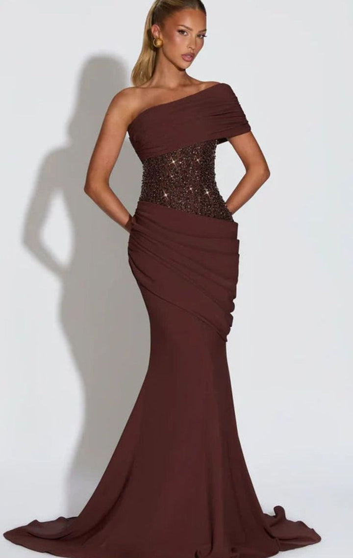 Women's One-Shoulder Embellished Corset Draped Maxi Gown - Dark Brown