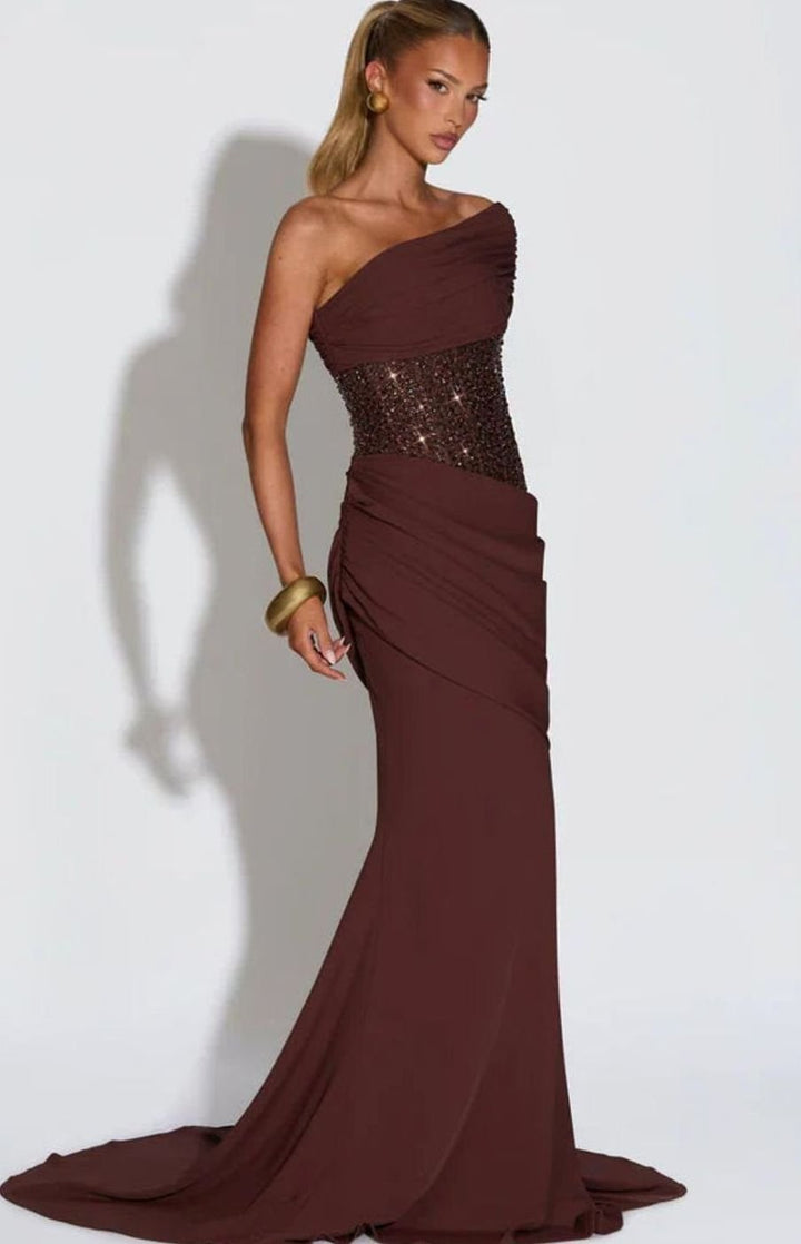 Women's One-Shoulder Embellished Corset Draped Maxi Gown