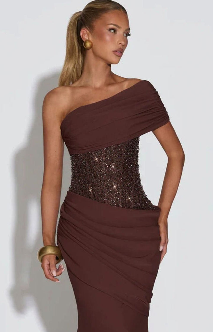 Women's One-Shoulder Embellished Corset Draped Maxi Gown