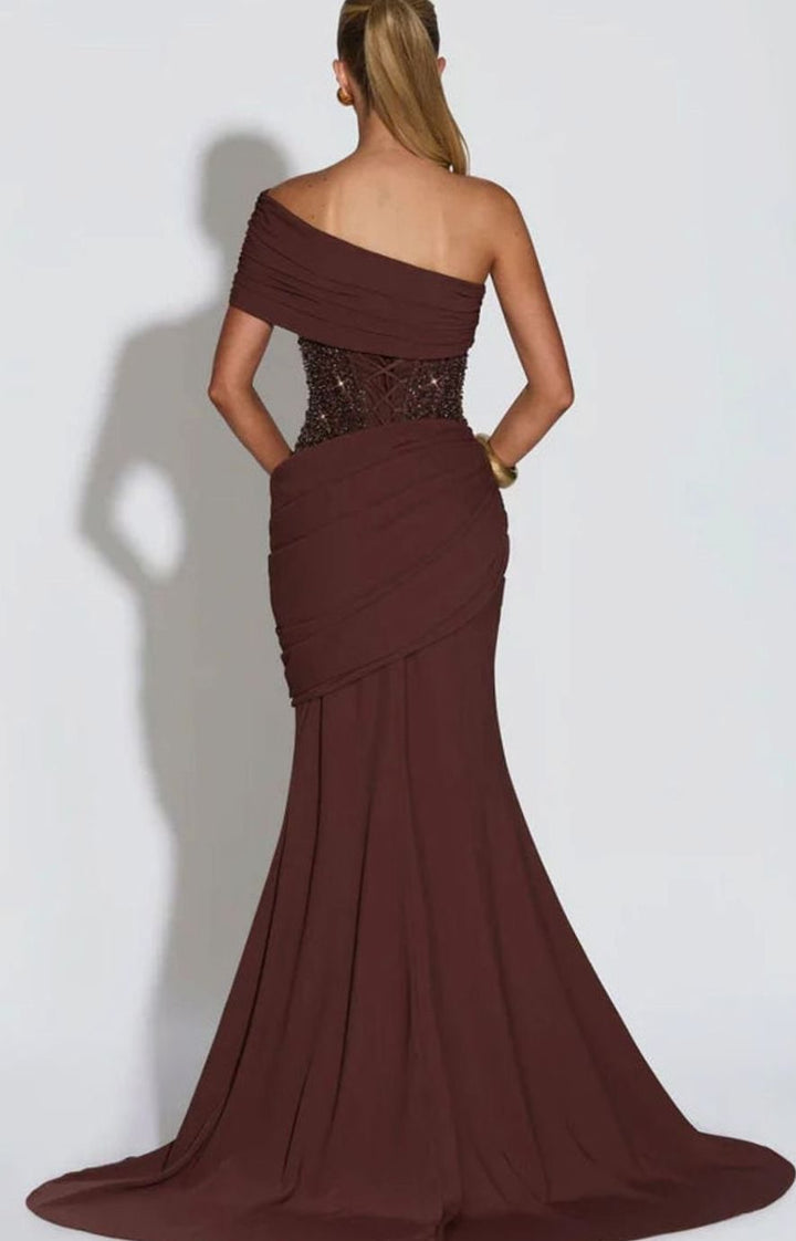 Women's One-Shoulder Embellished Corset Draped Maxi Gown