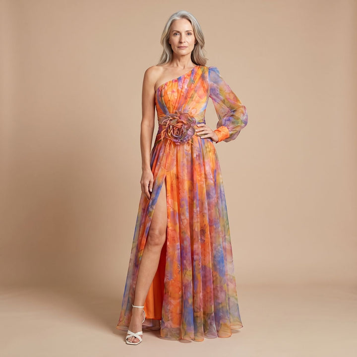 Women's One-Shoulder Floral-Applique High-Slit Chiffon Maxi Dress - Orange