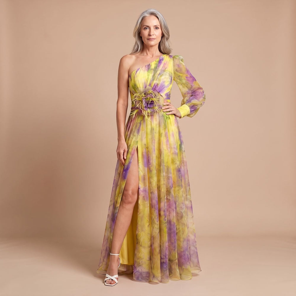 Women's One-Shoulder Floral-Applique High-Slit Chiffon Maxi Dress - Yellow