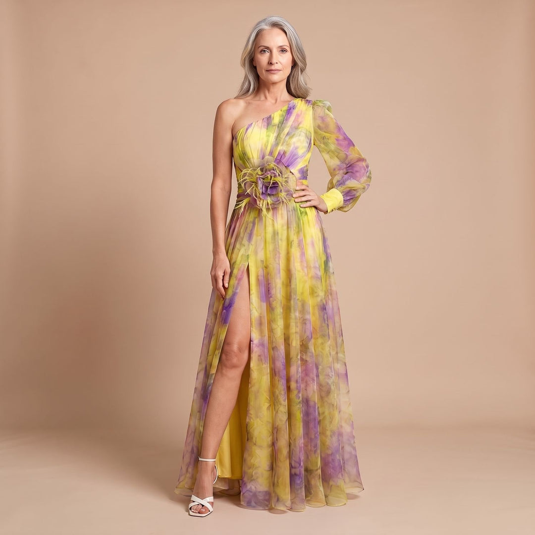 Women's One-Shoulder Floral-Applique High-Slit Chiffon Maxi Dress - Yellow