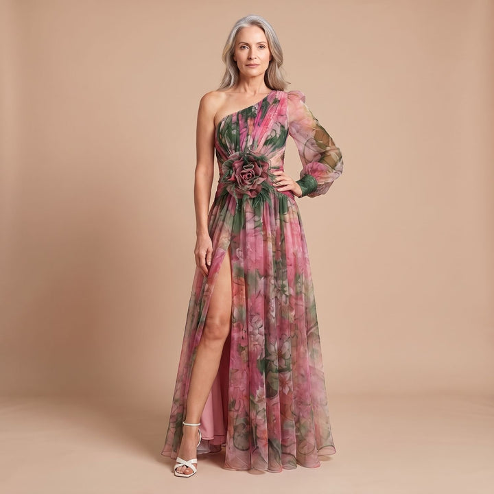 Women's One-Shoulder Floral-Applique High-Slit Chiffon Maxi Dress - Red