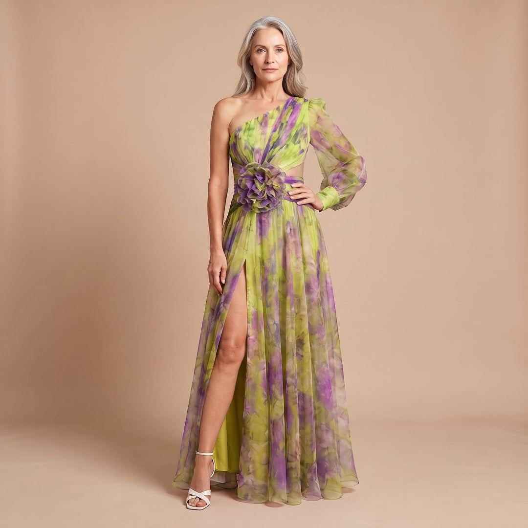 Women's One-Shoulder Floral-Applique High-Slit Chiffon Maxi Dress - Green
