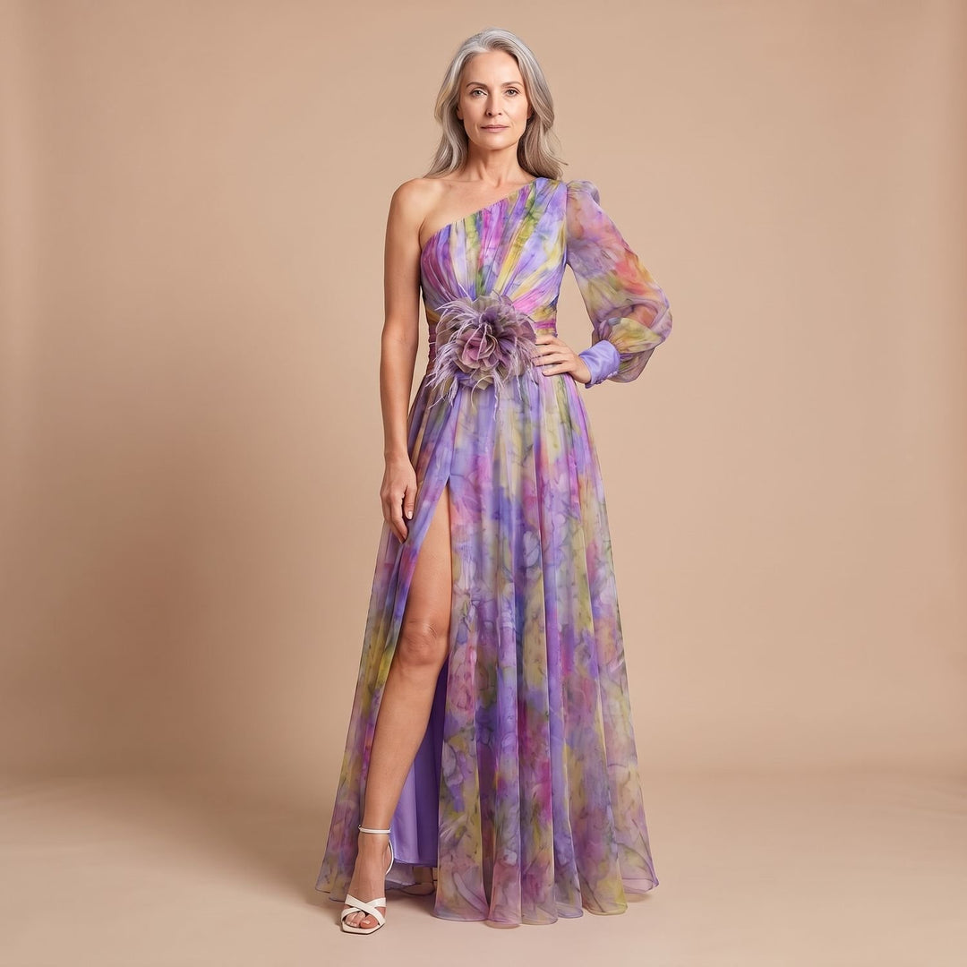 Women's One-Shoulder Floral-Applique High-Slit Chiffon Maxi Dress - Purple