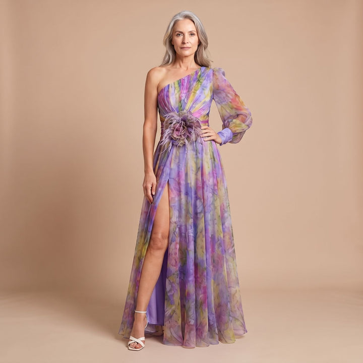 Women's One-Shoulder Floral-Applique High-Slit Chiffon Maxi Dress - Purple