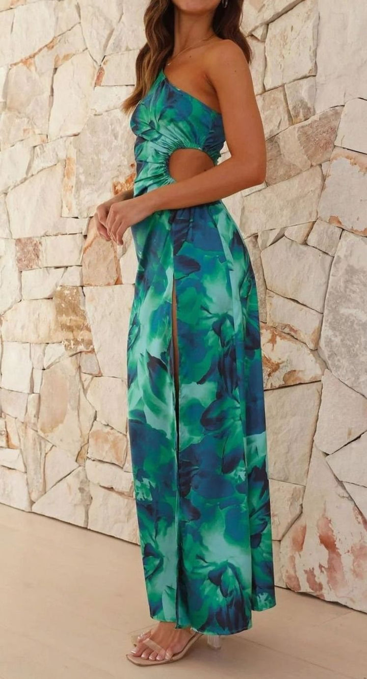 Women's One-Shoulder Floral Ruched Slit Formal Maxi Dress