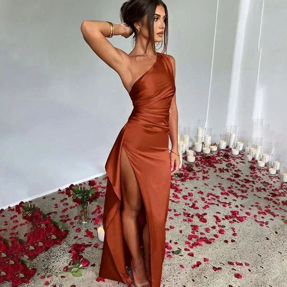 Women's One-Shoulder High-Slit Satin Maxi Dress - Brown