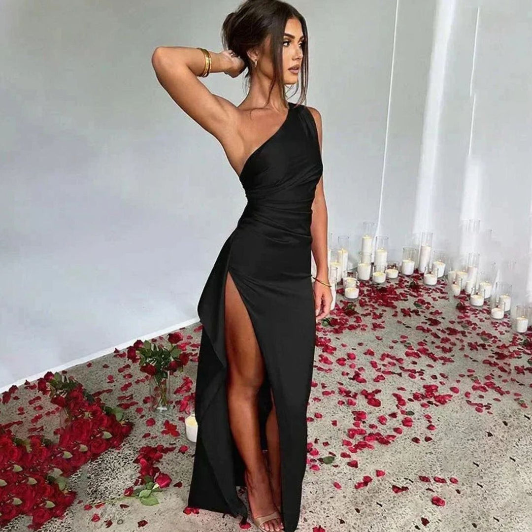Women's One-Shoulder High-Slit Satin Maxi Dress - Black