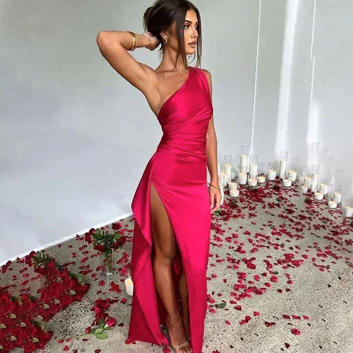 Women's One-Shoulder High-Slit Satin Maxi Dress