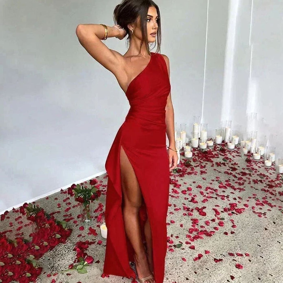 Women's One-Shoulder High-Slit Satin Maxi Dress