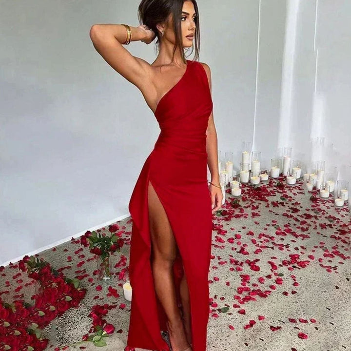 Women's One-Shoulder High-Slit Satin Maxi Dress - Red