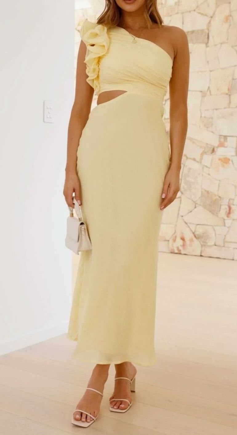Women's One-Shoulder Ruffle Cut-Out Maxi Dress for Formal Evenings - Butter Yellow