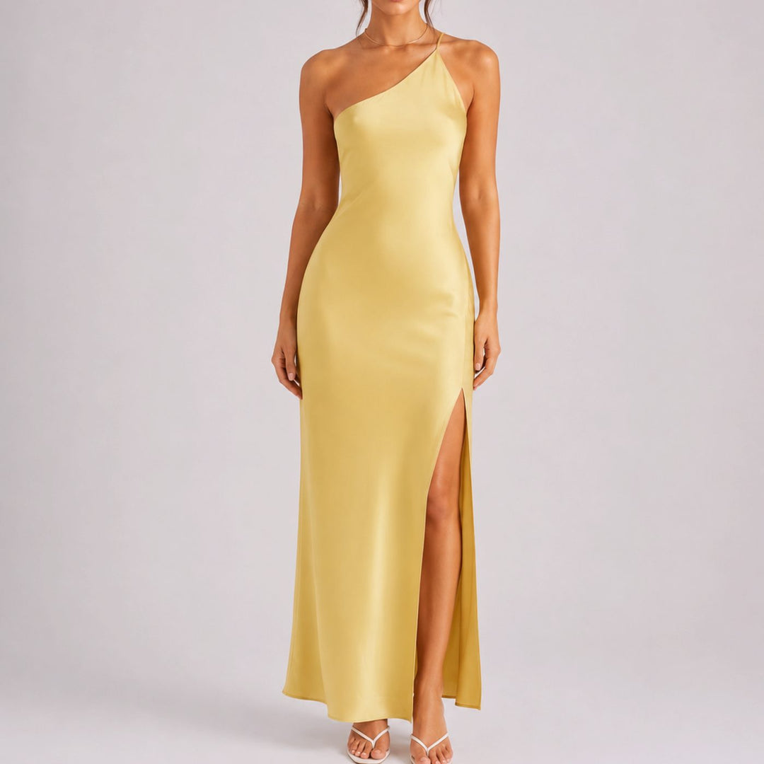 Women's One-Shoulder Satin Maxi Dress High Slit Formal Gown - Yellow