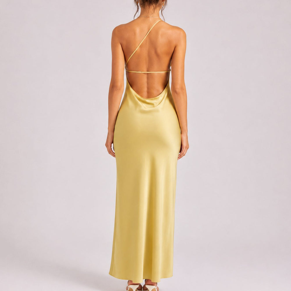 Women's One-Shoulder Satin Maxi Dress High Slit Formal Gown