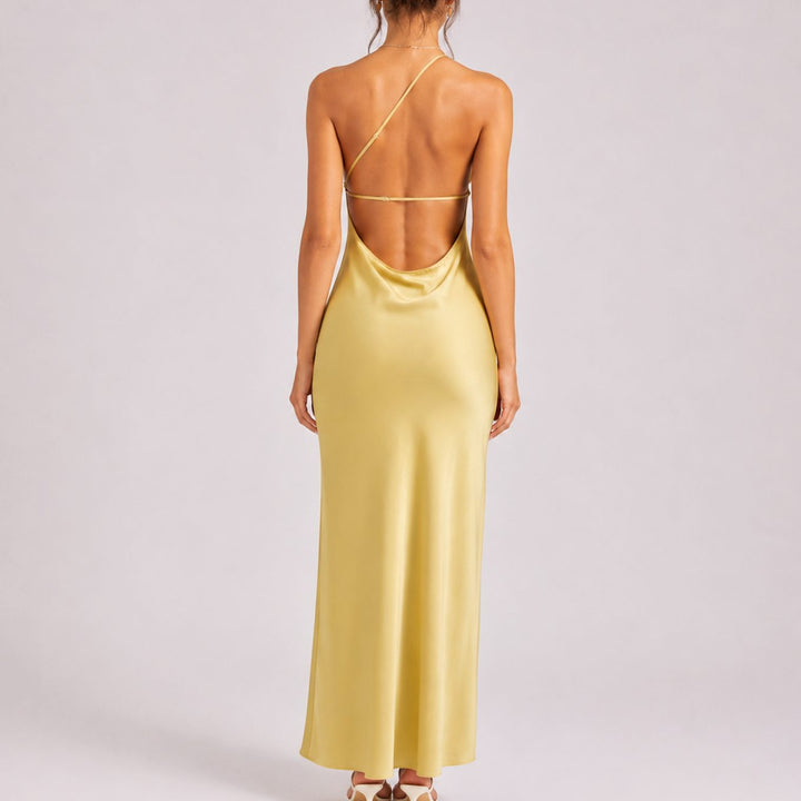 Women's One-Shoulder Satin Maxi Dress High Slit Formal Gown