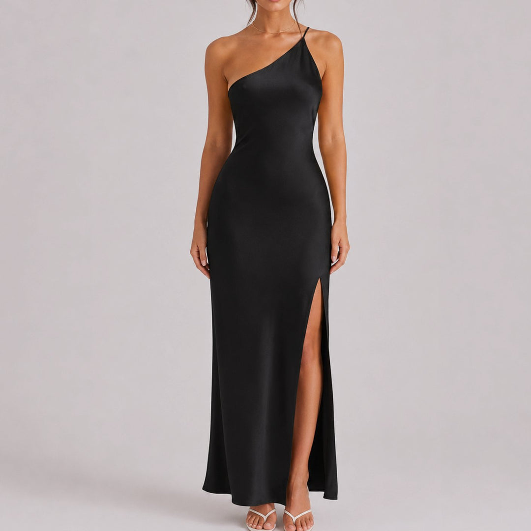 Women's One-Shoulder Satin Maxi Dress High Slit Formal Gown - Black