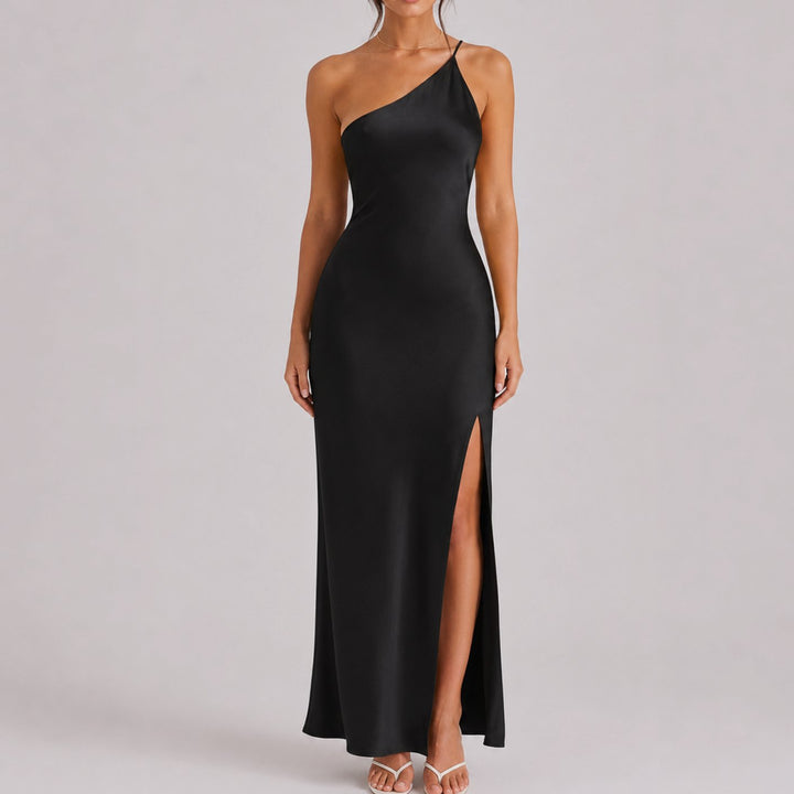 Women's One-Shoulder Satin Maxi Dress High Slit Formal Gown - Black