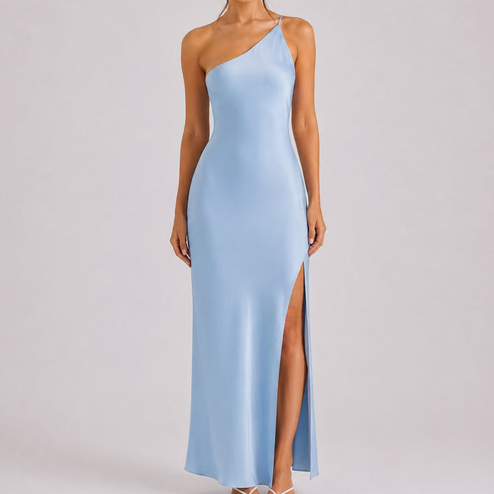 Women's One-Shoulder Satin Maxi Dress High Slit Formal Gown - Blue