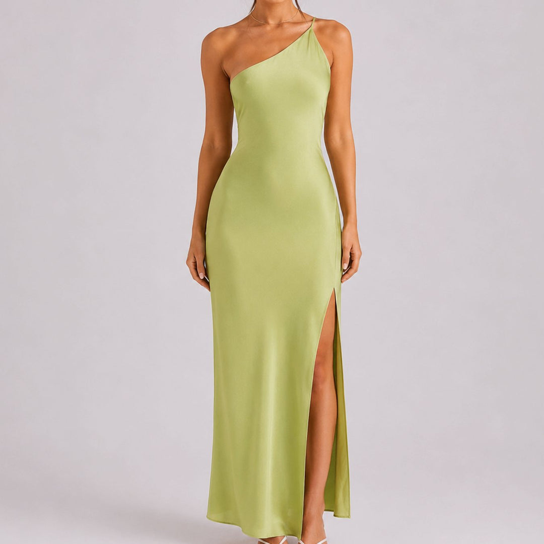 Women's One-Shoulder Satin Maxi Dress High Slit Formal Gown - Green