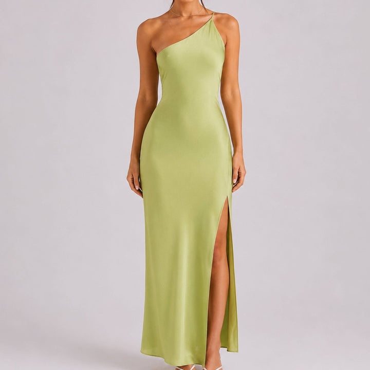 Women's One-Shoulder Satin Maxi Dress High Slit Formal Gown - Green