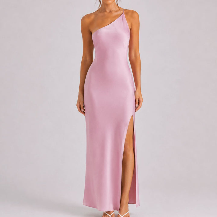 Women's One-Shoulder Satin Maxi Dress High Slit Formal Gown - Pink