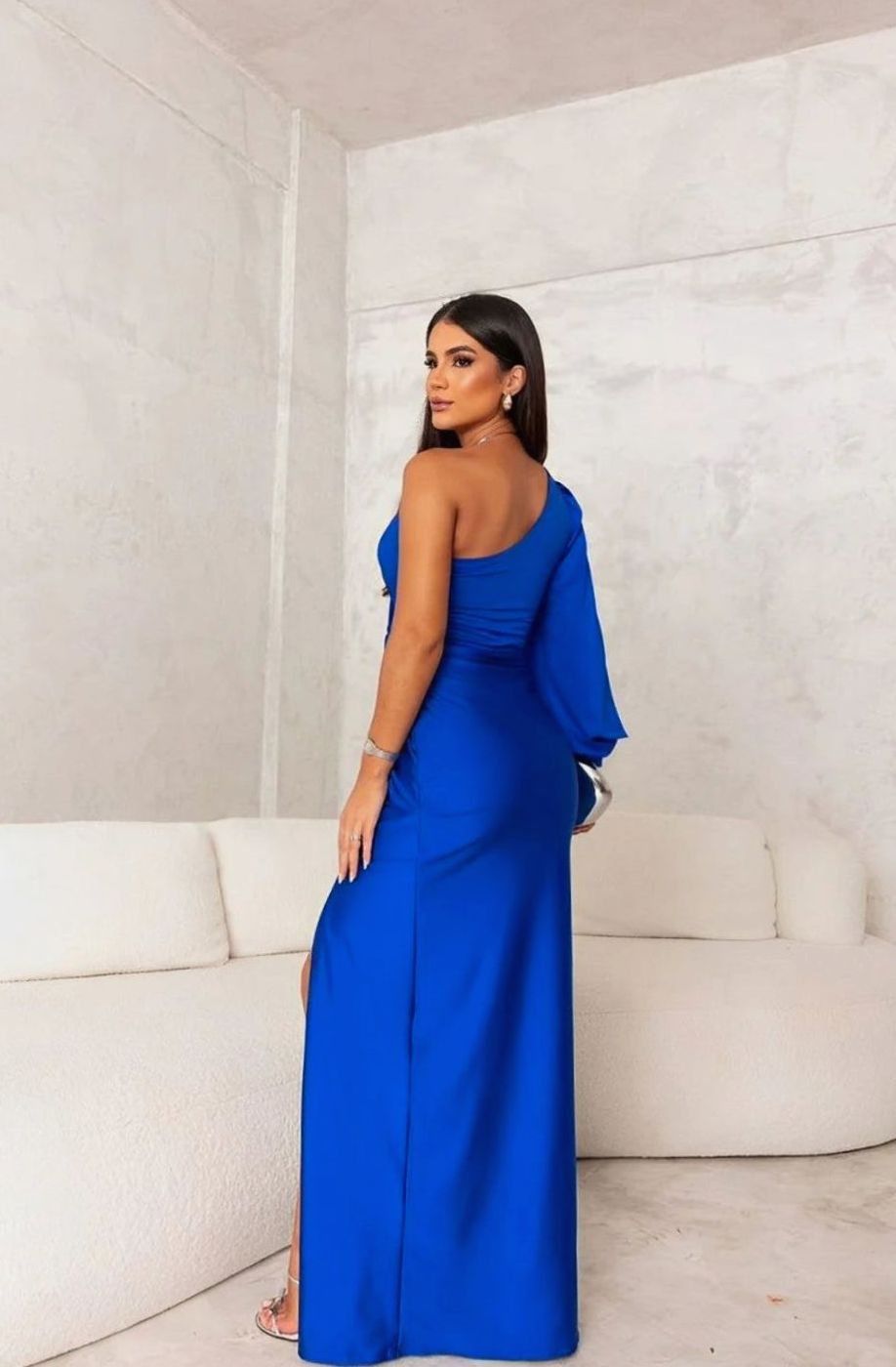 Women's One-Shoulder Satin Maxi Dress Long Formal Wedding Guest
