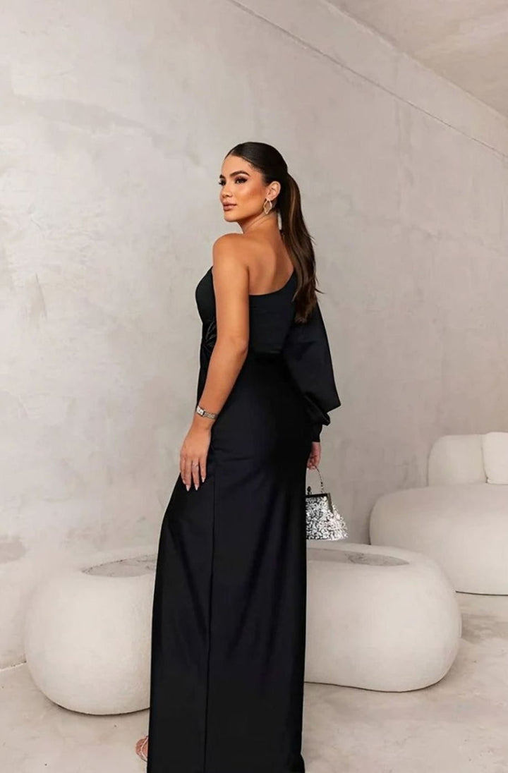 Women's One-Shoulder Satin Maxi Dress Long Formal Wedding Guest