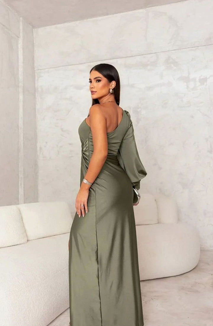 Women's One-Shoulder Satin Maxi Dress Long Formal Wedding Guest