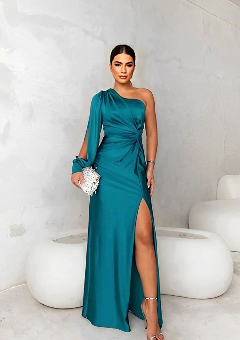 Women's One-Shoulder Satin Maxi Dress Long Formal Wedding Guest - Blue Green
