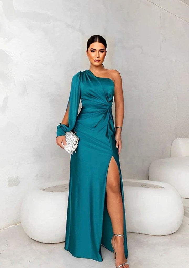 Women's One-Shoulder Satin Maxi Dress Long Formal Wedding Guest - Blue Green