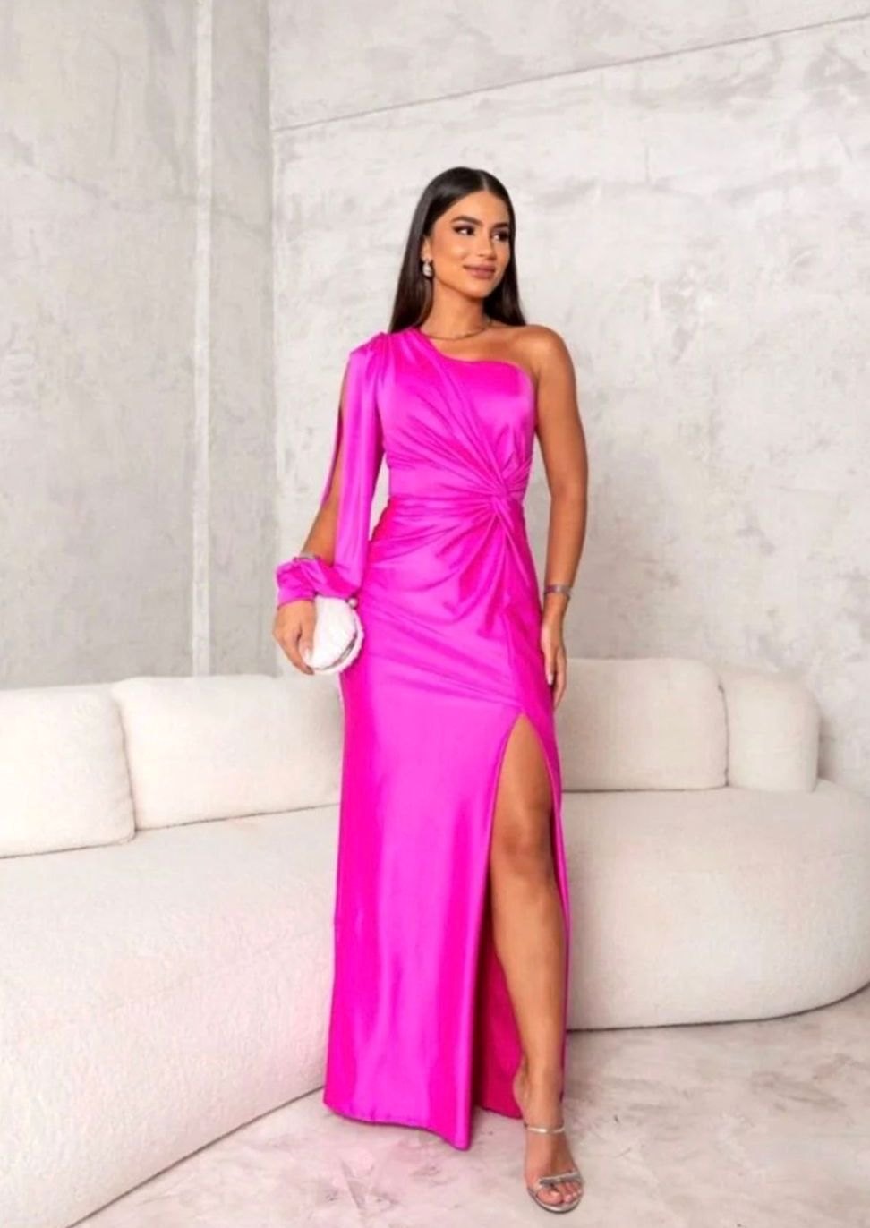 Women's One-Shoulder Satin Maxi Dress Long Formal Wedding Guest - Pink