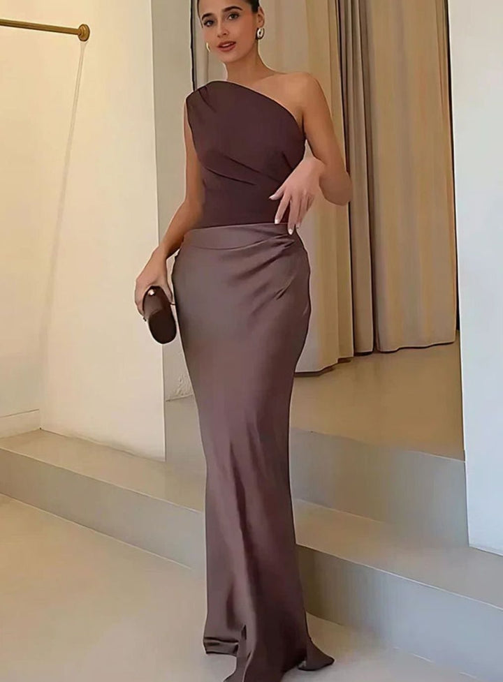 Women's One-Shoulder Satin Ruched Maxi Evening Gown - Brown