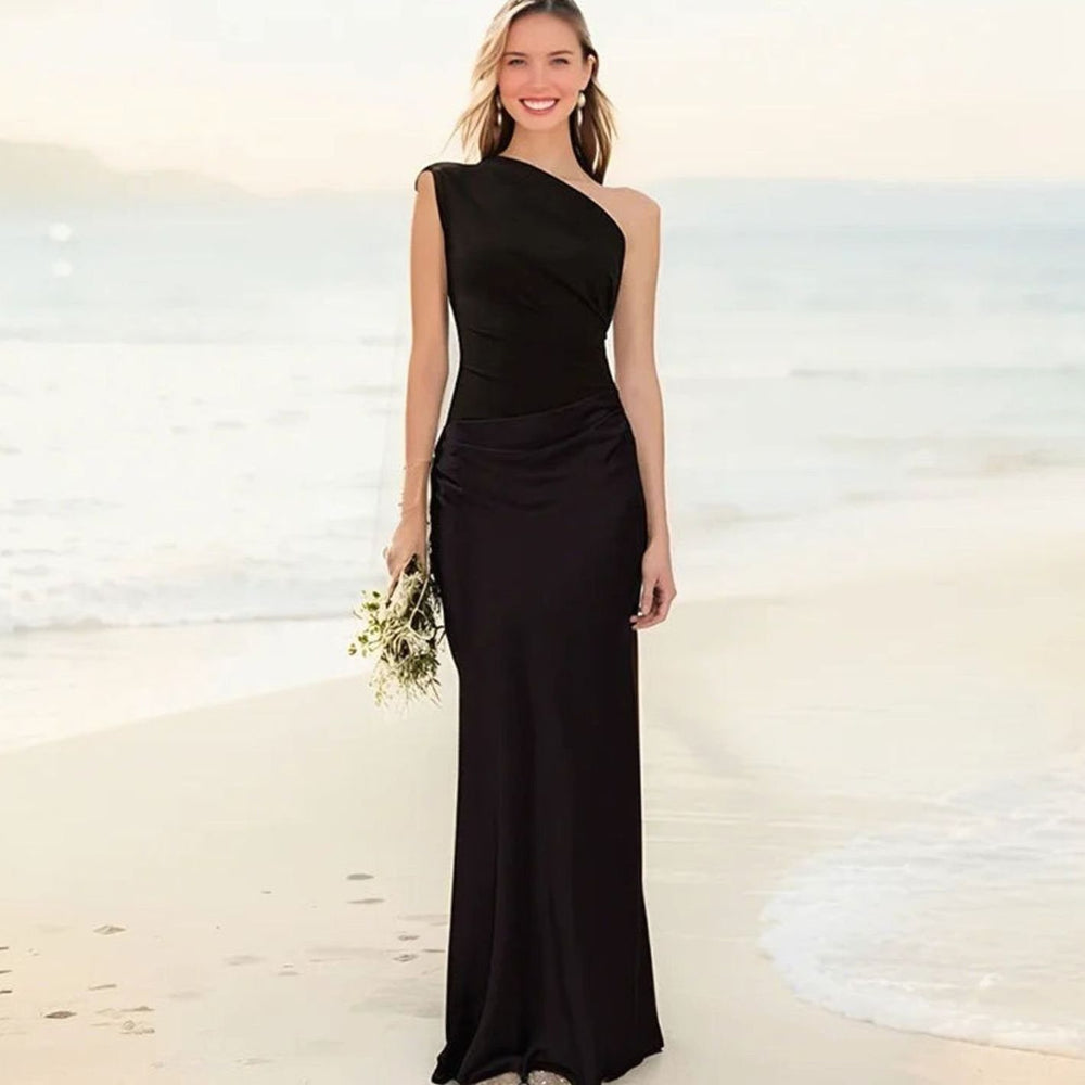 Women's One-Shoulder Satin Ruched Maxi Evening Gown - Black
