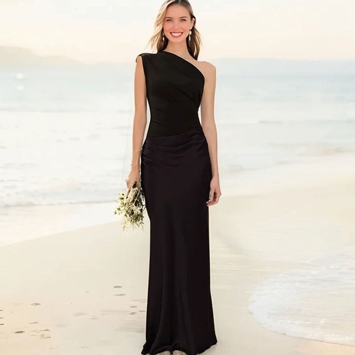 Women's One-Shoulder Satin Ruched Maxi Evening Gown - Black