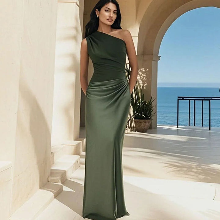 Women's One-Shoulder Satin Ruched Maxi Evening Gown - Green
