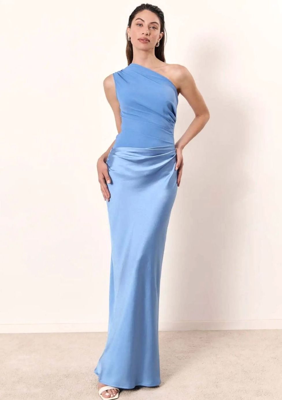 Women's One-Shoulder Satin Ruched Maxi Evening Gown - Blue