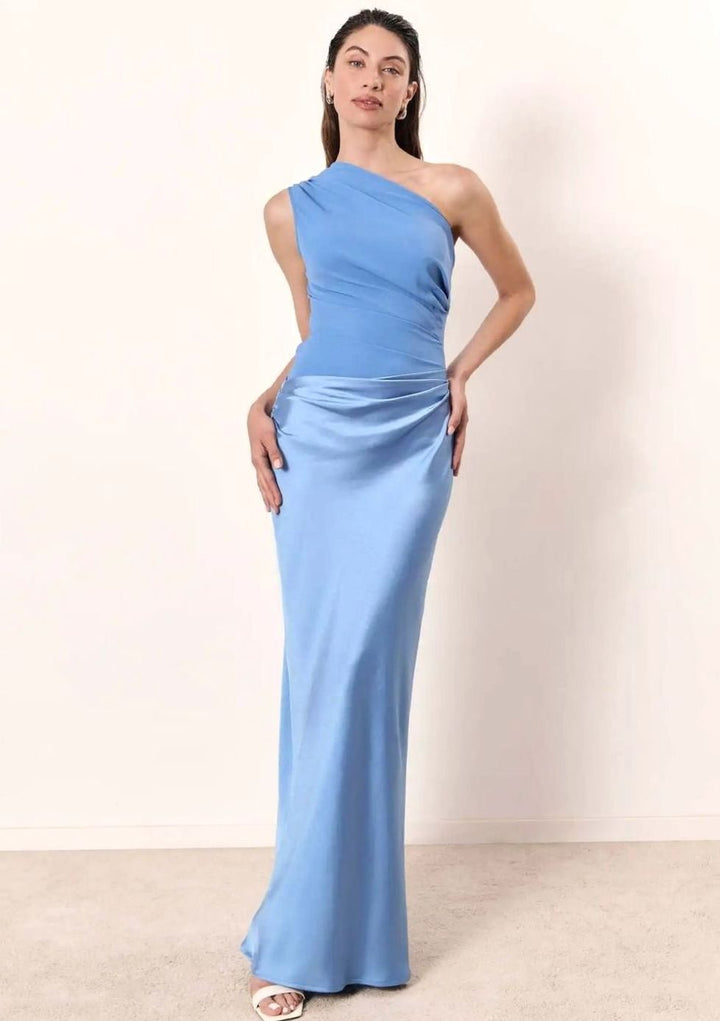Women's One-Shoulder Satin Ruched Maxi Evening Gown - Blue
