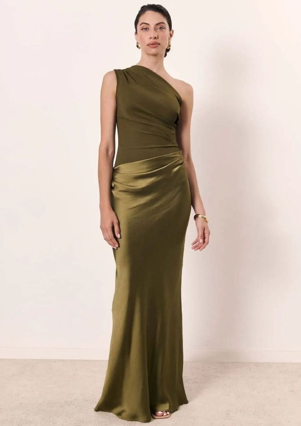 Women's One-Shoulder Satin Ruched Maxi Evening Gown - Olive Green