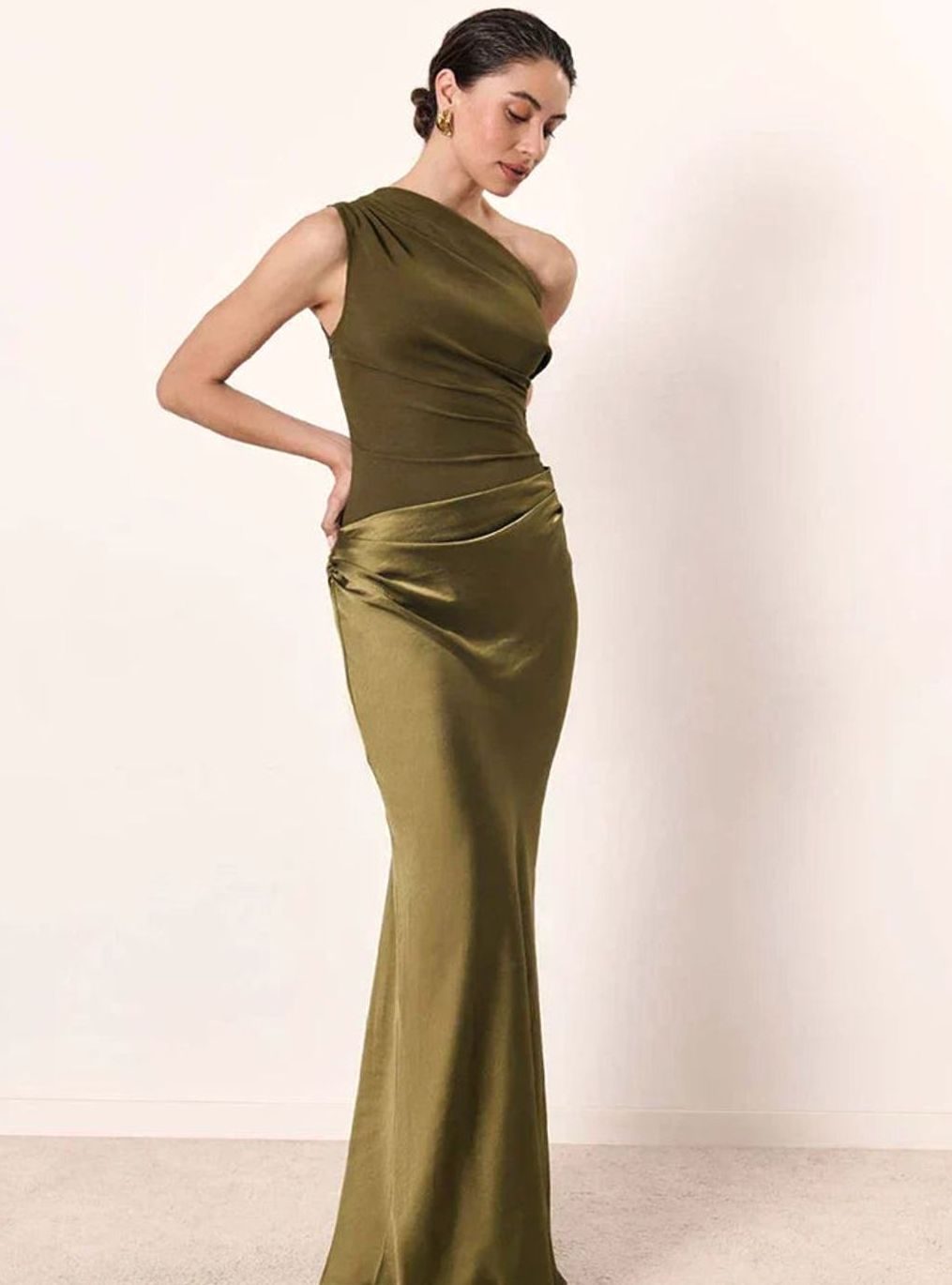 Women's One-Shoulder Satin Ruched Maxi Evening Gown