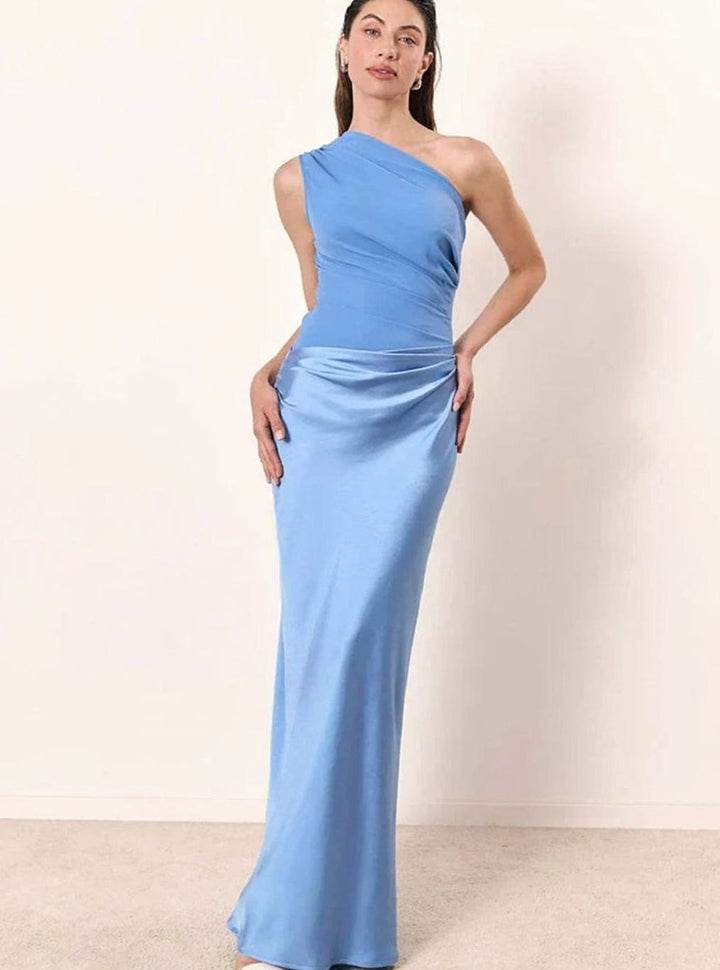 Women's One-Shoulder Satin Ruched Maxi Evening Gown