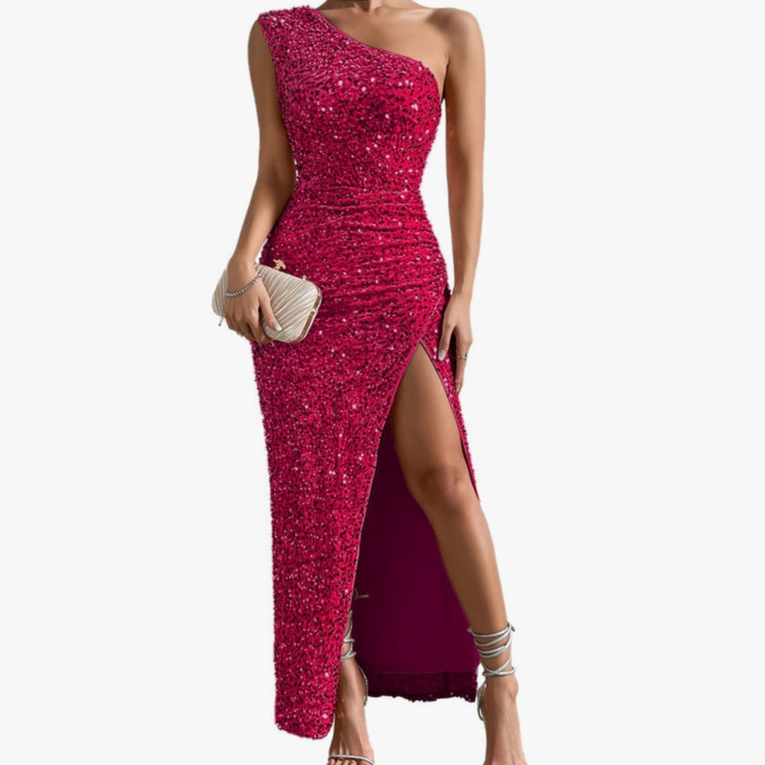 Women's One-Shoulder Sequin Bodycon Maxi Dress High Slit - Pink