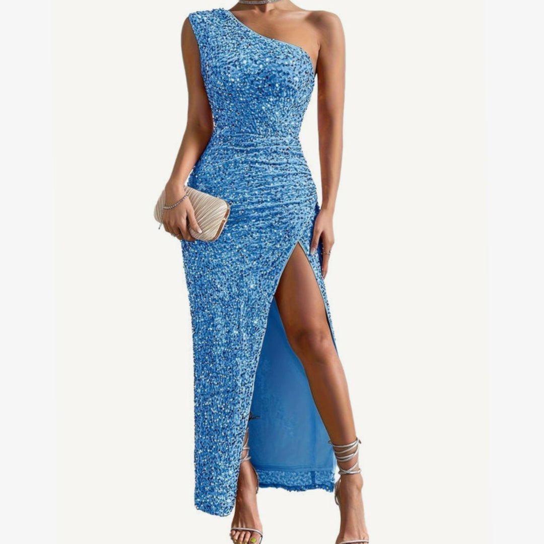 Women's One-Shoulder Sequin Bodycon Maxi Dress High Slit - Light Blue